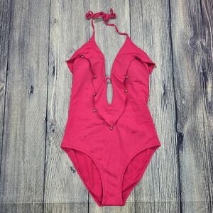 Lazul Deep Plunge Pink One-Piece Swimsuit